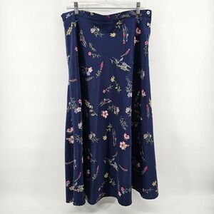 Halston Maxi Skirt Women 16 Blue Floral Side Button Elastic Back A-Line Vintage